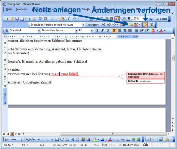 Word Überarbeitungsfunktion
